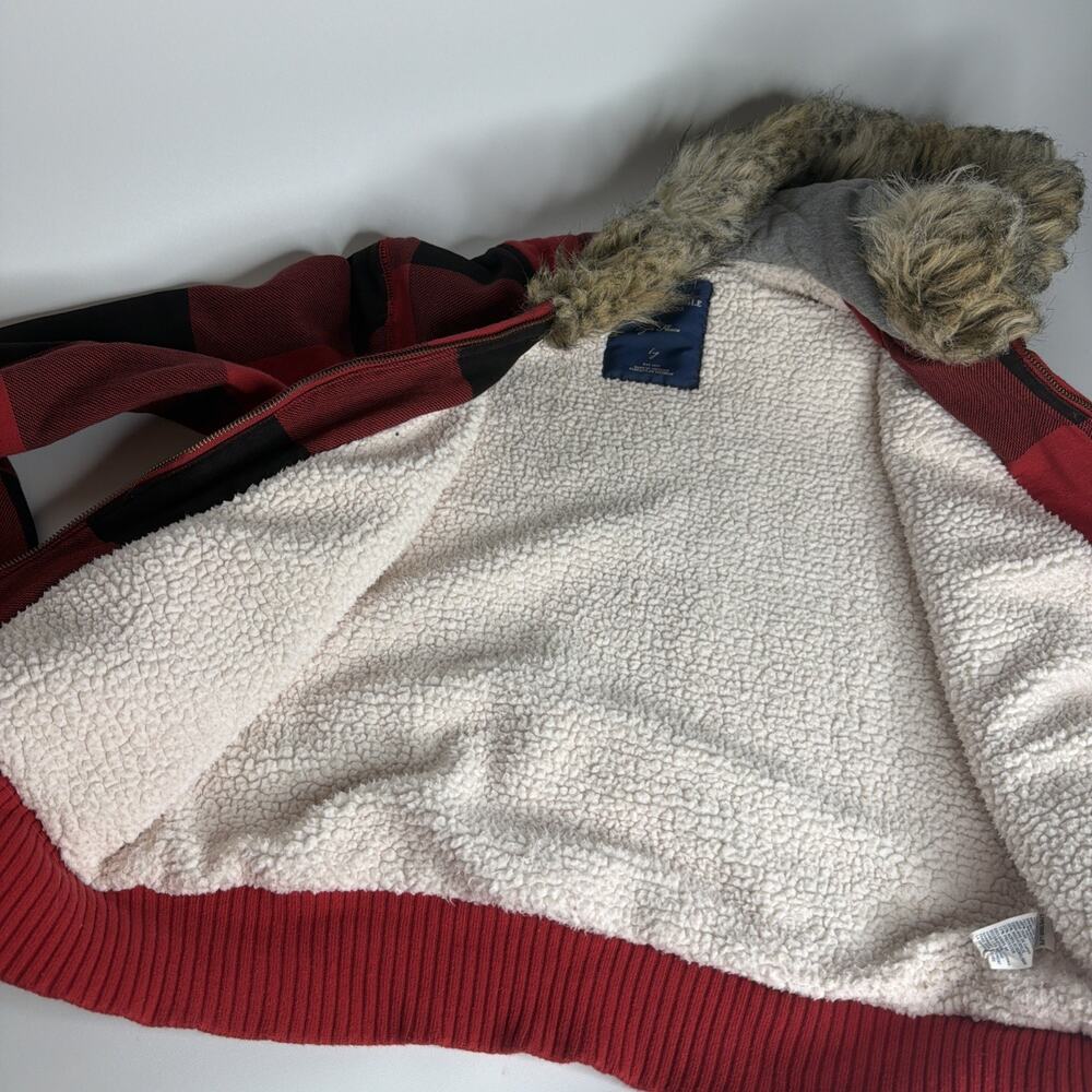 American Eagle Y2K Fur Fleece Lined Zip Up Hoodie Red Plaid Grunge Punk Size L - Picture 7 of 11